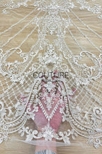 Beadings Lace: Ivory Ornate Scrollwork Floral Vines with Sequined Diamond Lattice Scalloped Border, 3 Meters