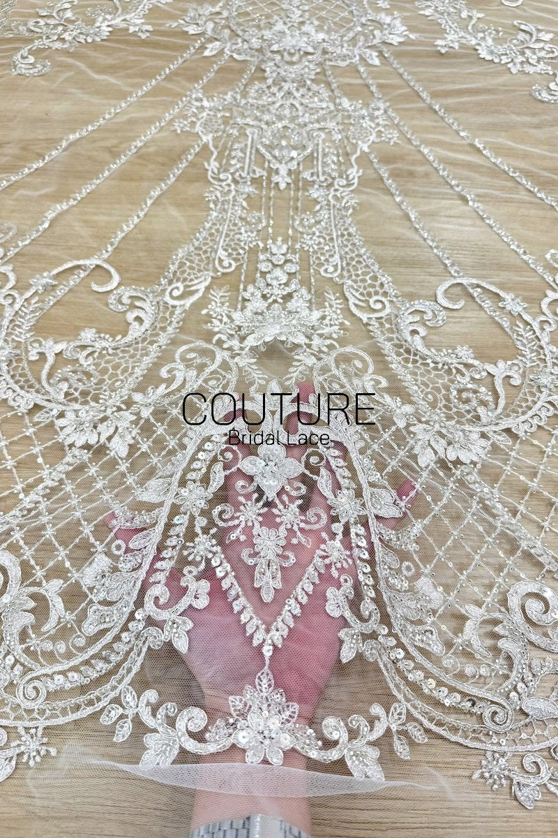 Beadings Lace: Ivory Ornate Scrollwork Floral Vines with Sequined Diamond Lattice Scalloped Border, 3 Meters
