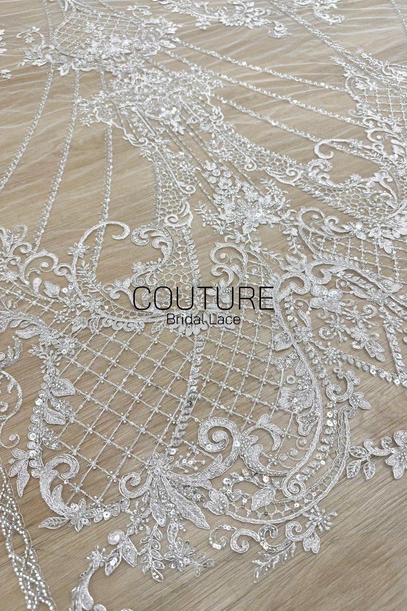 Beadings Lace: Ivory Ornate Scrollwork Floral Vines with Sequined Diamond Lattice Scalloped Border, 3 Meters