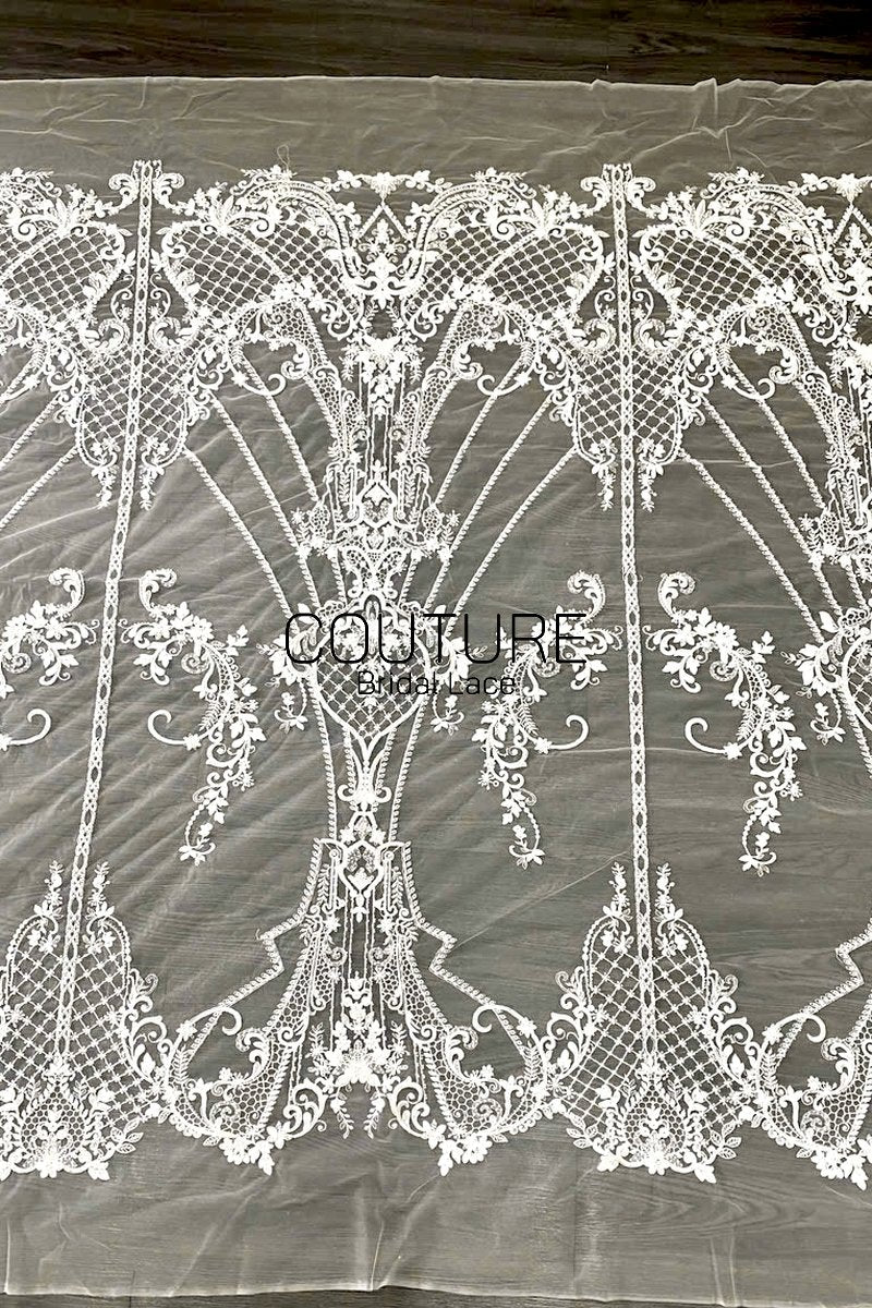 Beadings Lace: Ivory Ornate Baroque Medallion Design with Elaborate Scalloped Floral Lattice Border, 3 Meters