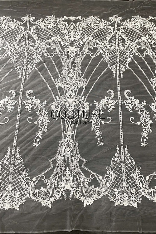 Beadings Lace: Ivory Ornate Baroque Medallion Design with Elaborate Scalloped Floral Lattice Border, 3 Meters