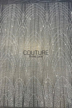 Beadings Lace: Sheer Tulle with Silver Beaded Art Deco Arch and Vertical Fringe Lines, 3 Meters