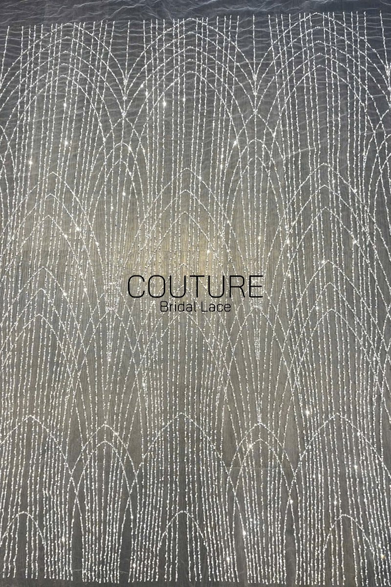 Beadings Lace: Sheer Tulle with Silver Beaded Art Deco Arch and Vertical Fringe Lines, 3 Meters