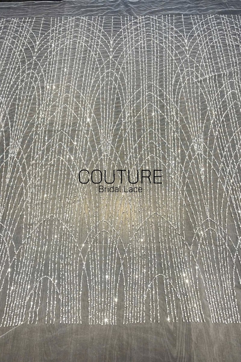 Beadings Lace: Sheer Tulle with Silver Beaded Art Deco Arch and Vertical Fringe Lines, 3 Meters