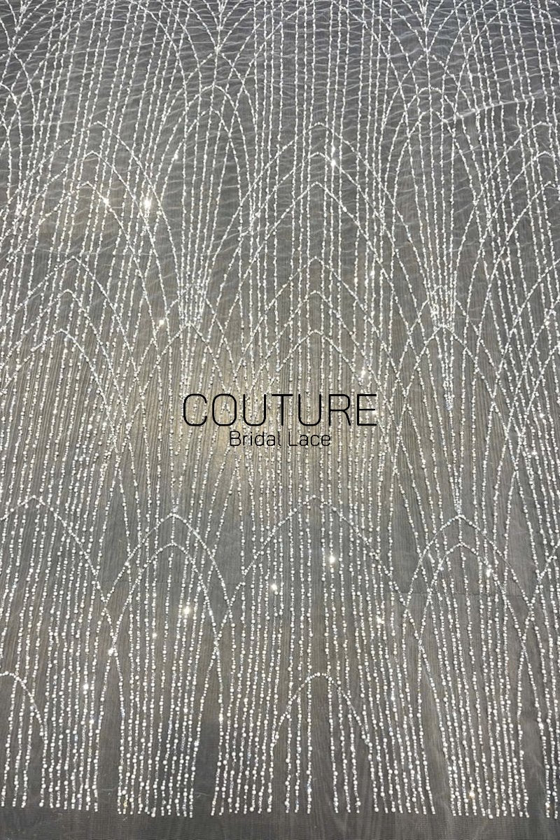 Beadings Lace: Sheer Tulle with Silver Beaded Art Deco Arch and Vertical Fringe Lines, 3 Meters
