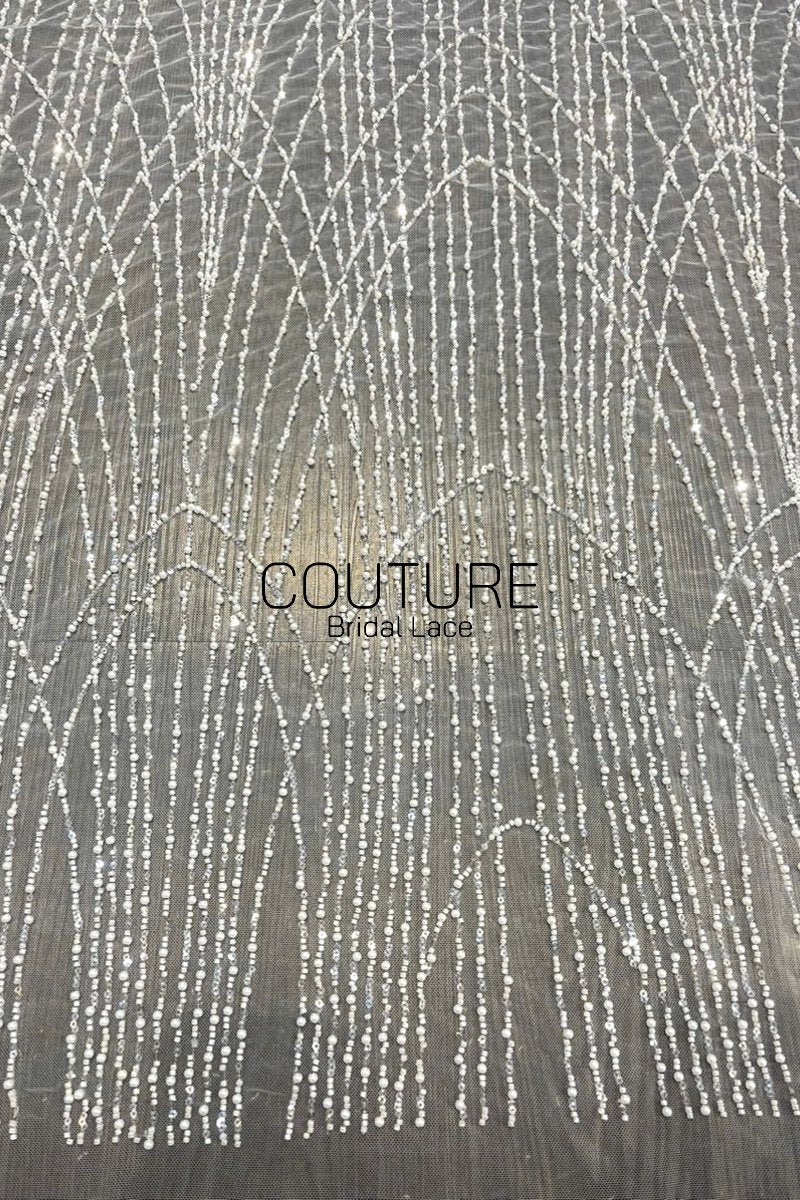 Beadings Lace: Sheer Tulle with Silver Beaded Art Deco Arch and Vertical Fringe Lines, 3 Meters