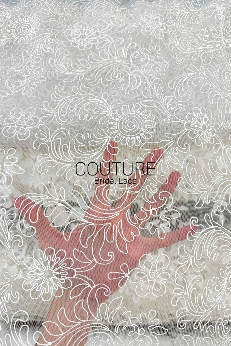 Floral Lace: Ivory Ornate Scrolling Floral Paisley with Scalloped Floral Lace Edge Design, 3 Meters