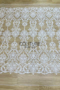 Floral Lace: White Ornate Damask Medallion with Intricate Scrolling Floral Scalloped Edge, 3 Meters