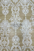 Floral Lace: White Ornate Damask Medallion with Intricate Scrolling Floral Scalloped Edge, 3 Meters