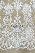 Floral Lace: White Ornate Damask Medallion with Intricate Scrolling Floral Scalloped Edge, 3 Meters