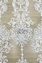 Floral Lace: White Ornate Damask Medallion with Intricate Scrolling Floral Scalloped Edge, 3 Meters