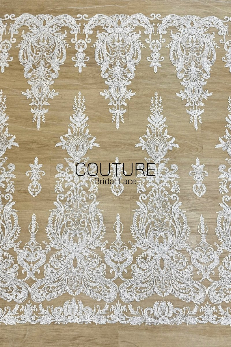 Beadings Lace: Ivory Ornate Baroque Damask Motif with Elaborate Scalloped Beaded Floral Edge, 3 Meters
