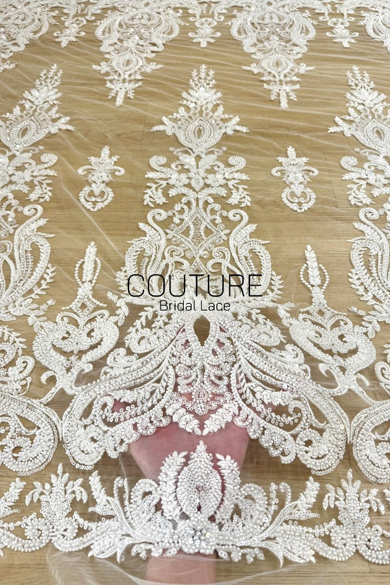 Beadings Lace: Ivory Ornate Baroque Damask Motif with Elaborate Scalloped Beaded Floral Edge, 3 Meters