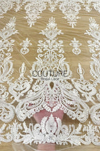 Beadings Lace: Ivory Ornate Baroque Damask Motif with Elaborate Scalloped Beaded Floral Edge, 3 Meters