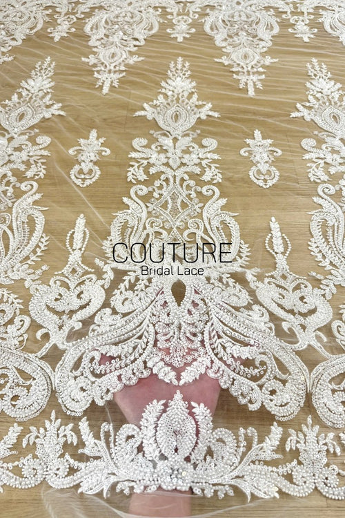 Beadings Lace: Ivory Ornate Baroque Damask Motif with Elaborate Scalloped Beaded Floral Edge, 3 Meters