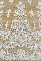 Beadings Lace: Ivory Ornate Baroque Damask Motif with Elaborate Scalloped Beaded Floral Edge, 3 Meters