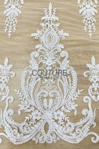 Beadings Lace: Ivory Ornate Baroque Damask Motif with Elaborate Scalloped Beaded Floral Edge, 3 Meters