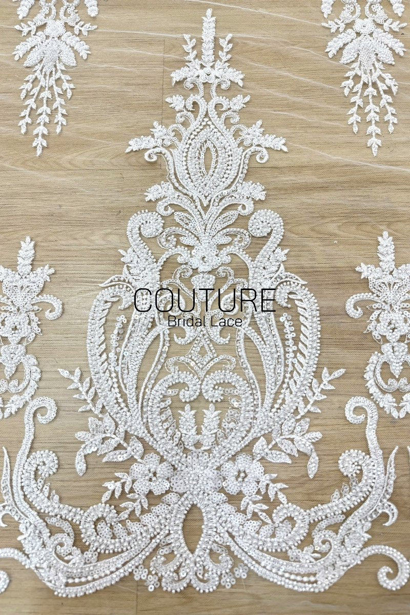 Beadings Lace: Ivory Ornate Baroque Damask Motif with Elaborate Scalloped Beaded Floral Edge, 3 Meters