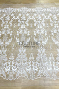 Beadings Lace: White Cascading Floral Vine Embroidery with Ornate Scalloped Medallion Floral Border Edge, 3 Meters
