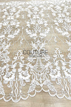 Beadings Lace: White Cascading Floral Vine Embroidery with Ornate Scalloped Medallion Floral Border Edge, 3 Meters
