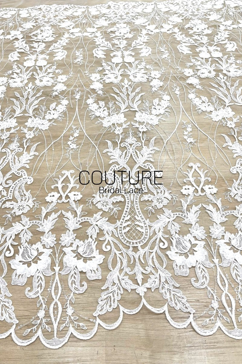 Beadings Lace: White Cascading Floral Vine Embroidery with Ornate Scalloped Medallion Floral Border Edge, 3 Meters