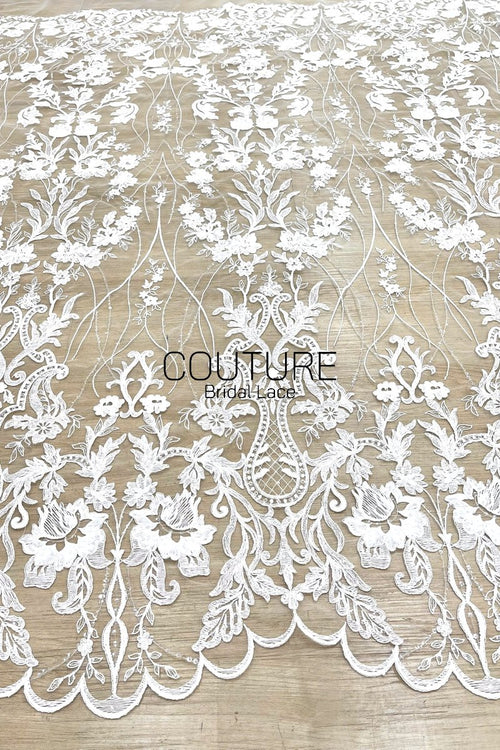 Beadings Lace: White Cascading Floral Vine Embroidery with Ornate Scalloped Medallion Floral Border Edge, 3 Meters