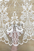Beadings Lace: White Cascading Floral Vine Embroidery with Ornate Scalloped Medallion Floral Border Edge, 3 Meters
