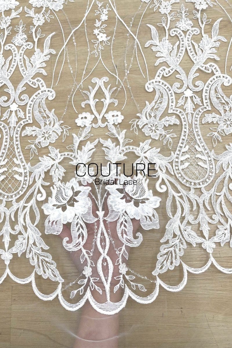 Beadings Lace: White Cascading Floral Vine Embroidery with Ornate Scalloped Medallion Floral Border Edge, 3 Meters