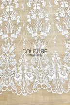 Beadings Lace: White Cascading Floral Vine Embroidery with Ornate Scalloped Medallion Floral Border Edge, 3 Meters