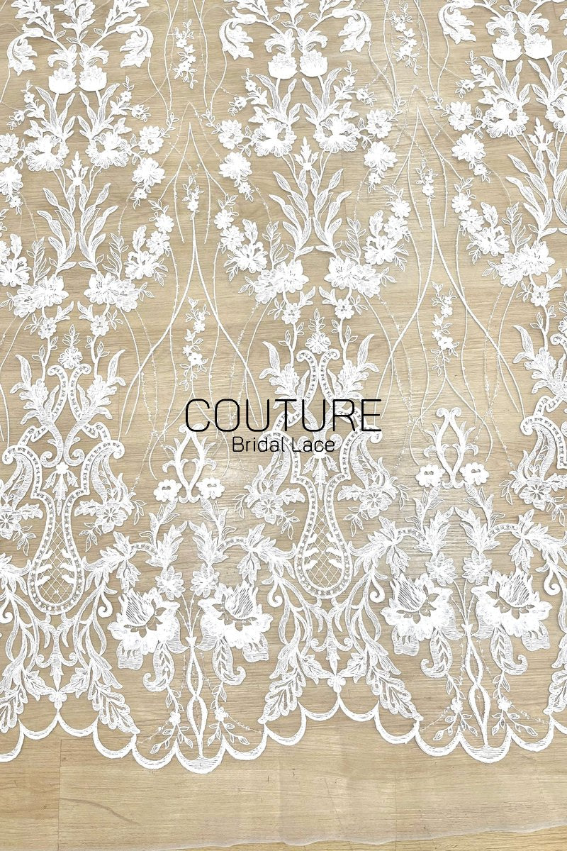 Beadings Lace: White Cascading Floral Vine Embroidery with Ornate Scalloped Medallion Floral Border Edge, 3 Meters