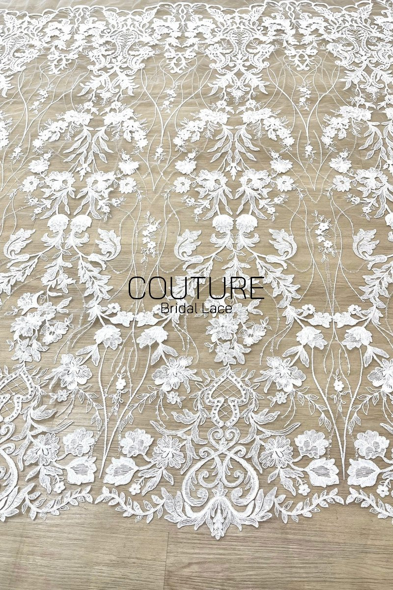 Beadings Lace: White Cascading Floral Vine Embroidery with Ornate Scalloped Medallion Floral Border Edge, 3 Meters