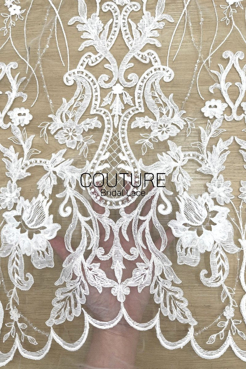 Beadings Lace: White Cascading Floral Vine Embroidery with Ornate Scalloped Medallion Floral Border Edge, 3 Meters