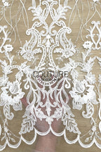 Beadings Lace: White Cascading Floral Vine Embroidery with Ornate Scalloped Medallion Floral Border Edge, 3 Meters