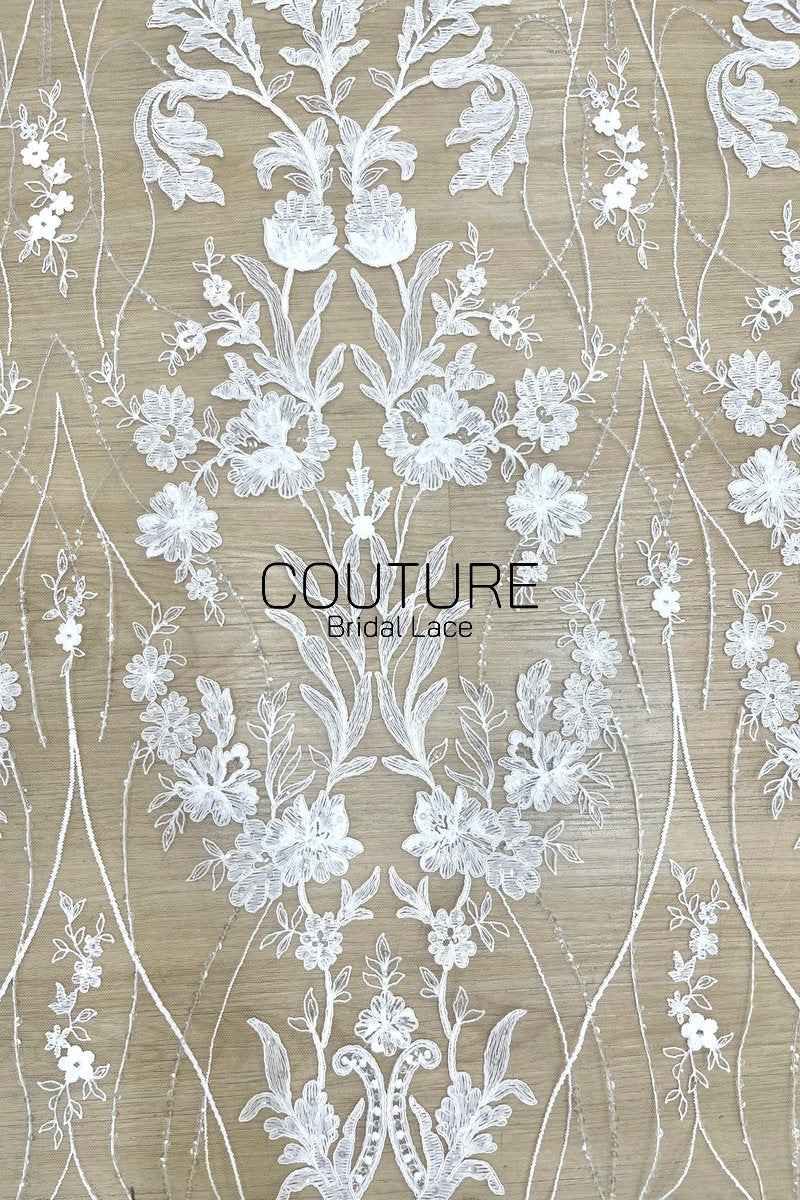 Beadings Lace: White Cascading Floral Vine Embroidery with Ornate Scalloped Medallion Floral Border Edge, 3 Meters
