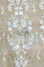 Beadings Lace: White Cascading Floral Vine Embroidery with Ornate Scalloped Medallion Floral Border Edge, 3 Meters