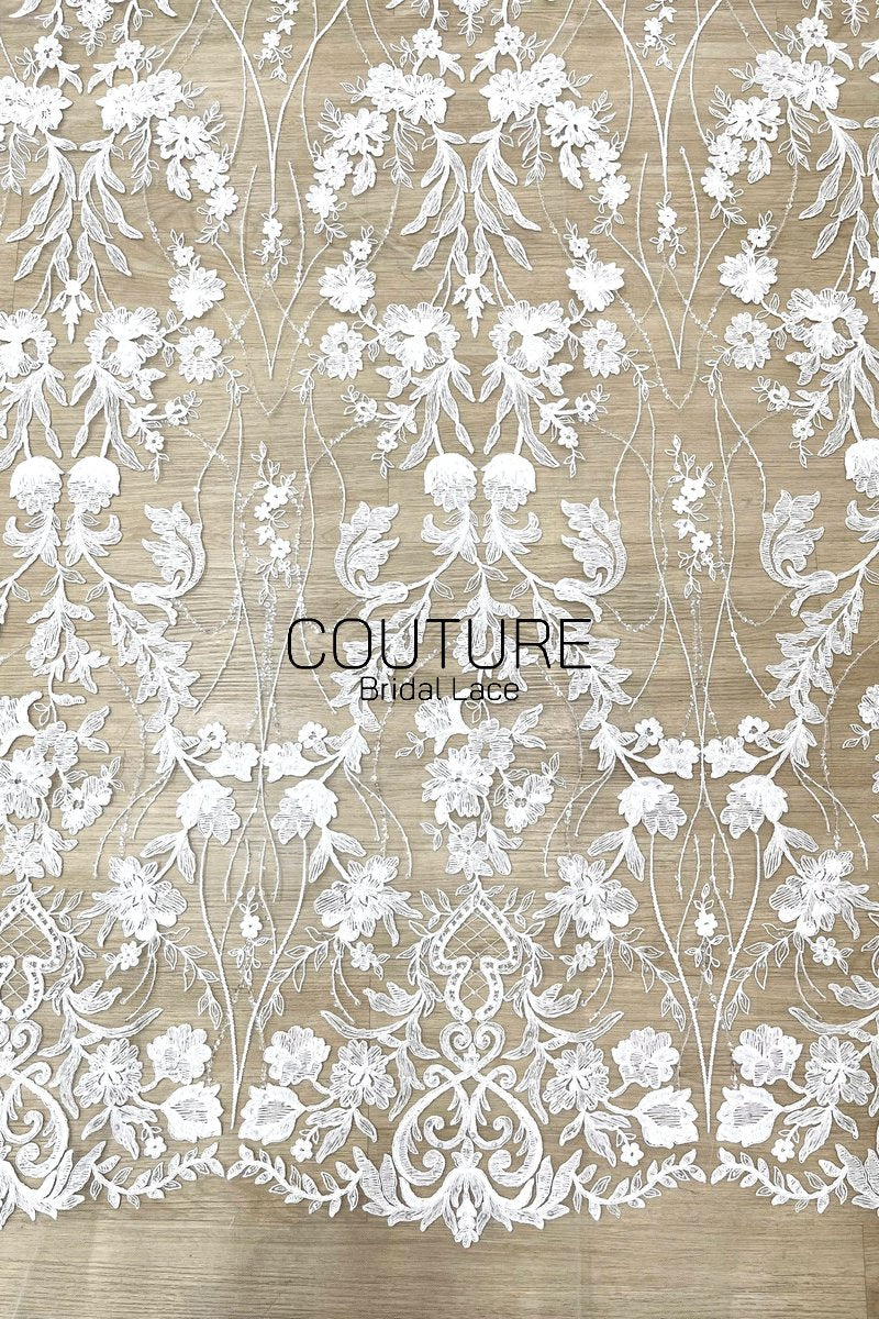 Beadings Lace: White Cascading Floral Vine Embroidery with Ornate Scalloped Medallion Floral Border Edge, 3 Meters