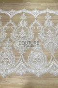 Floral Lace: White Baroque Floral Damask Medallion with Ornate Scalloped Floral Border Edge, 3 Meters