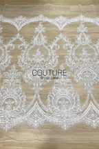 Floral Lace: White Baroque Floral Damask Medallion with Ornate Scalloped Floral Border Edge, 3 Meters