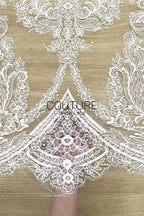 Floral Lace: White Baroque Floral Damask Medallion with Ornate Scalloped Floral Border Edge, 3 Meters