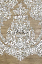 Floral Lace: White Baroque Floral Damask Medallion with Ornate Scalloped Floral Border Edge, 3 Meters