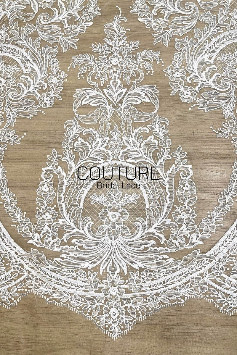 Floral Lace: White Baroque Floral Damask Medallion with Ornate Scalloped Floral Border Edge, 3 Meters