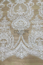 Floral Lace: White Baroque Floral Damask Medallion with Ornate Scalloped Floral Border Edge, 3 Meters