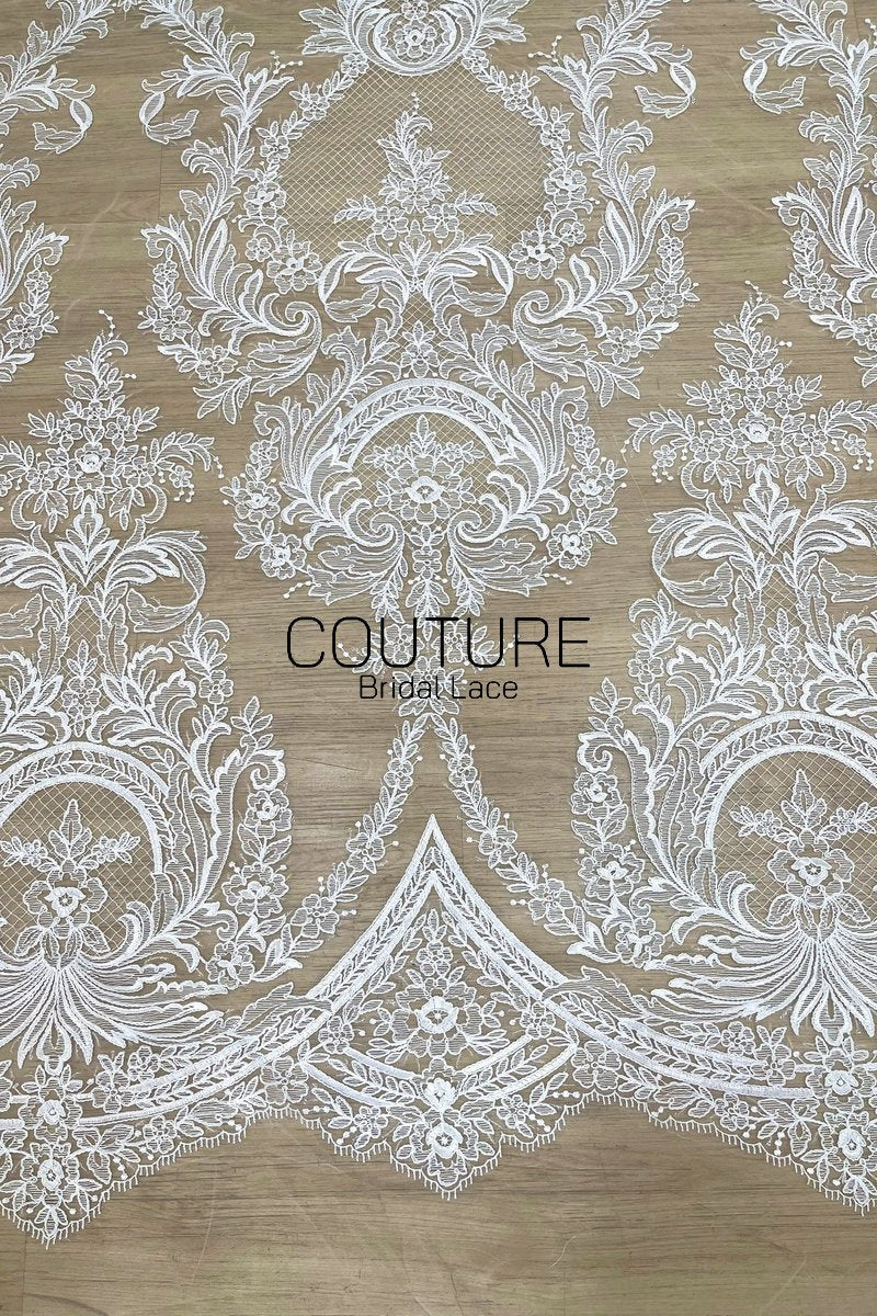 Floral Lace: White Baroque Floral Damask Medallion with Ornate Scalloped Floral Border Edge, 3 Meters