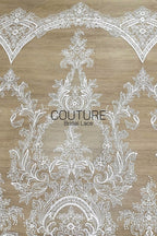 Floral Lace: White Baroque Floral Damask Medallion with Ornate Scalloped Floral Border Edge, 3 Meters