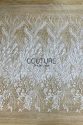 Floral Lace: White Sheer Tulle with Embroidered Peacock Feather Plumes and Beaded Floral Spray Gradient, 3 Meters