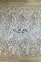 Floral Lace: White Sheer Tulle with Embroidered Peacock Feather Plumes and Beaded Floral Spray Gradient, 3 Meters