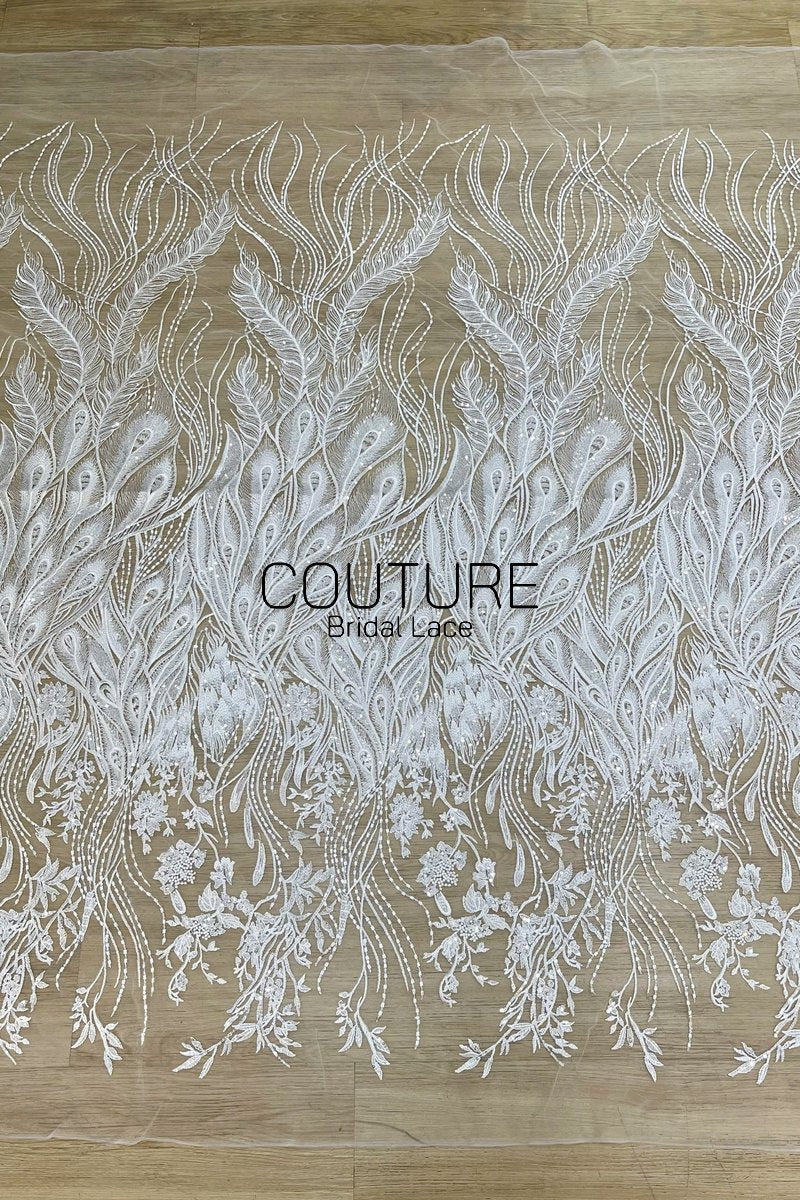 Floral Lace: White Sheer Tulle with Embroidered Peacock Feather Plumes and Beaded Floral Spray Gradient, 3 Meters