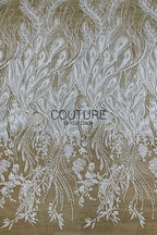 Floral Lace: White Sheer Tulle with Embroidered Peacock Feather Plumes and Beaded Floral Spray Gradient, 3 Meters