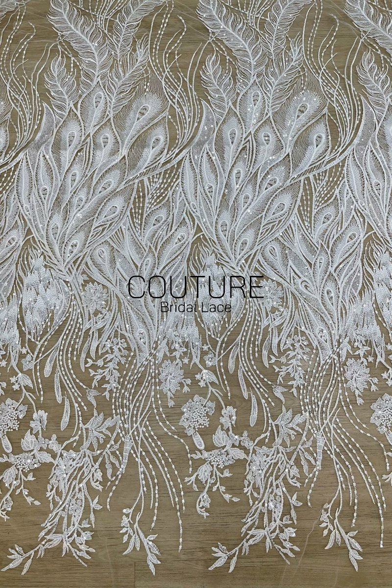 Floral Lace: White Sheer Tulle with Embroidered Peacock Feather Plumes and Beaded Floral Spray Gradient, 3 Meters