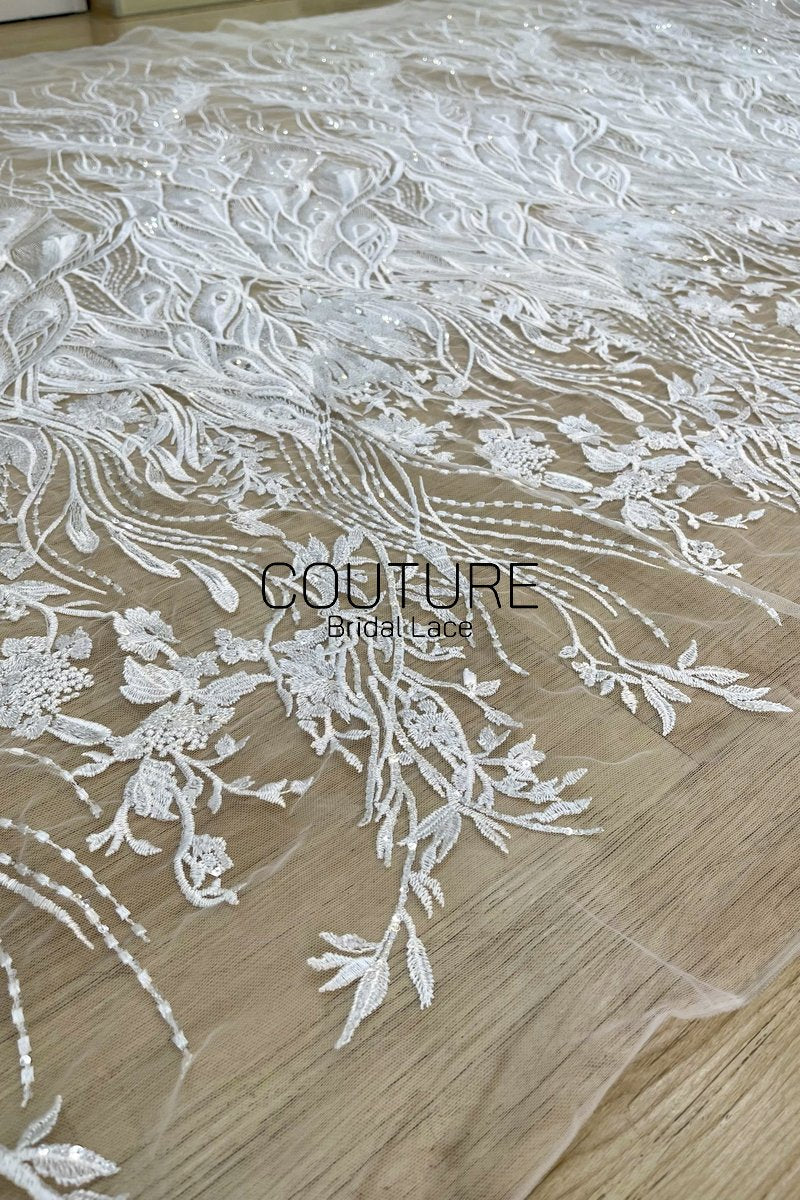 Floral Lace: White Sheer Tulle with Embroidered Peacock Feather Plumes and Beaded Floral Spray Gradient, 3 Meters